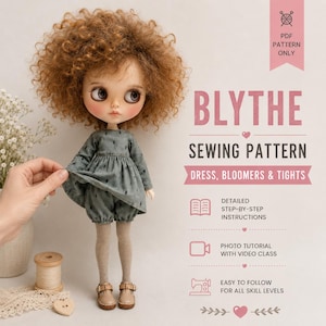 May include: A Blythe doll with curly brown hair wearing a grey dress with a small tree pattern, grey bloomers, and grey tights. The text reads: PDF PATTERN ONLY, BLYTHE SEWING PATTERN DRESS, BLOOMERS & TIGHTS, DETAILED STEP-BY-STEP INSTRUCTIONS.