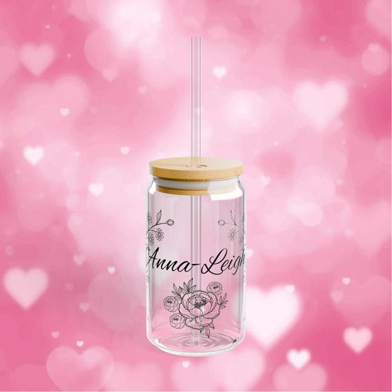 Personalized Floral Glass Sipper Cup | Botanical Name Tumbler