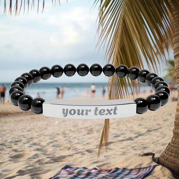 Engraved Name Bar Stone Bracelet | Personalized Stainless Steel Stretch Bracelet