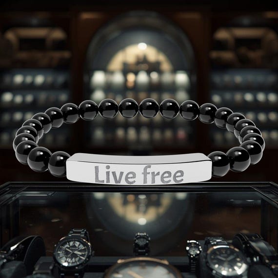 Engraved 'Live Free' Beaded Bracelet | Natural Stone, Stainless Steel