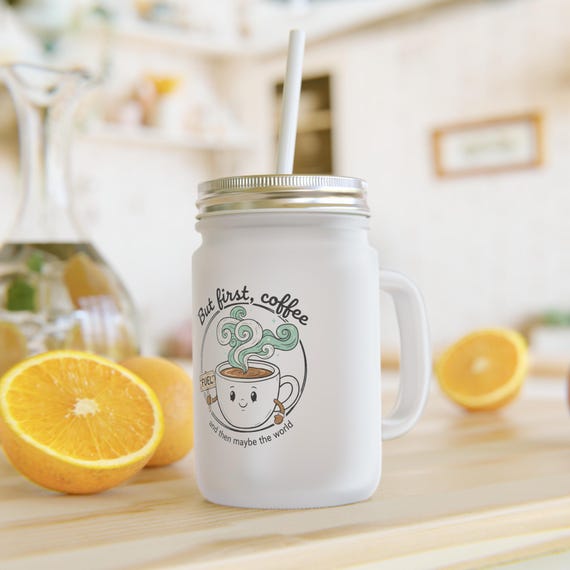 Frosted Glass Mason Jar Tumbler | Coffee Mug Design, Reusable Straw