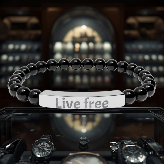 Engraved 'Live Free' Beaded Bracelet | Natural Stone, Stainless Steel
