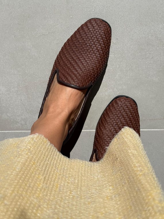 Woven Leather Loafers Women, Genuine Leather Flats, Elegant Slip-On Shoes