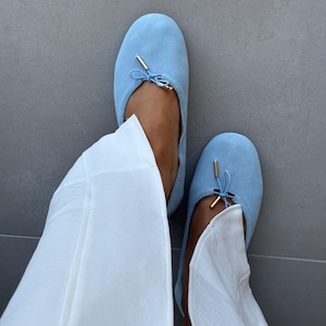 Soft Suede Ballet Flats for Women, Blue Suede Ballet Shoes, Comfortable Minimalist Flats, Everyday Elegant Shoes