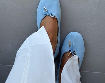 Soft Suede Ballet Flats for Women, Blue Suede Ballet Shoes, Comfortable Minimalist Flats, Everyday Elegant Shoes