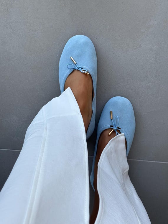 Soft Suede Ballet Flats for Women, Blue Suede Ballet Shoes, Comfortable Minimalist Flats, Everyday Elegant Shoes