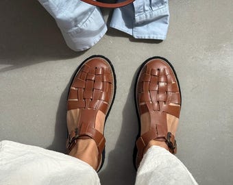 Woven Leather Fisherman Sandals, Women's Summer Walking Shoes, Vibram Sole