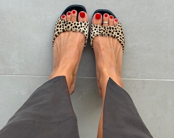 Hair On Leather Mule Heels | Pony Hair Slide Sandals | Handmade Women’s Kitten Heels | Cheetah Print Sandals