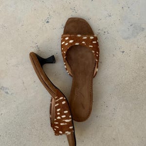 Hair On Leather Mule Heels | Pony Hair Slide Sandals | Handmade Women’s Kitten Heels | Deer Print Sandals