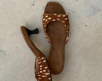 Sandalias de tacón tipo mule de piel con pelo / Sandalias de pelo de poni / Sandalias de tacón bajo hechas a mano para mujer / Sandalias con estampado de ciervo