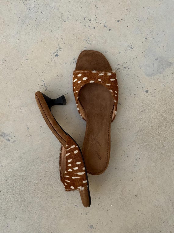 Hair On Leather Mule Heels | Pony Hair Slide Sandals | Handmade Women’s Kitten Heels | Deer Print Sandals