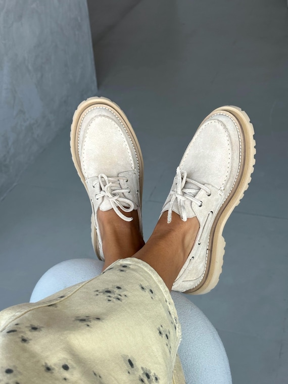 Womens topsider shoes, suede boat shoes with Vibram sole