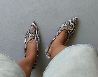 Zapatos de tacón bajo con estampado de serpiente, zapatos de salón de piel de serpiente