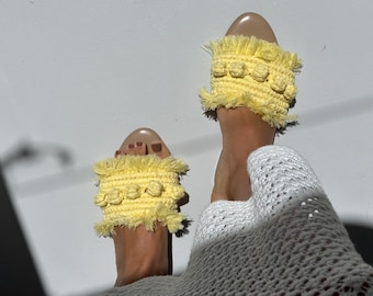 Boho Macrame Slides: Handmade Cotton, Leather Sandals
