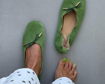 Bailarinas de gamuza suave con lazo, bailarinas de gamuza coloridas, zapatos planos cómodos para mujer, zapatos elegantes para el día a día.