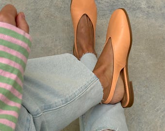 Handmade Peach Leather Slingback Flats, Women's Summer Comfort Shoes