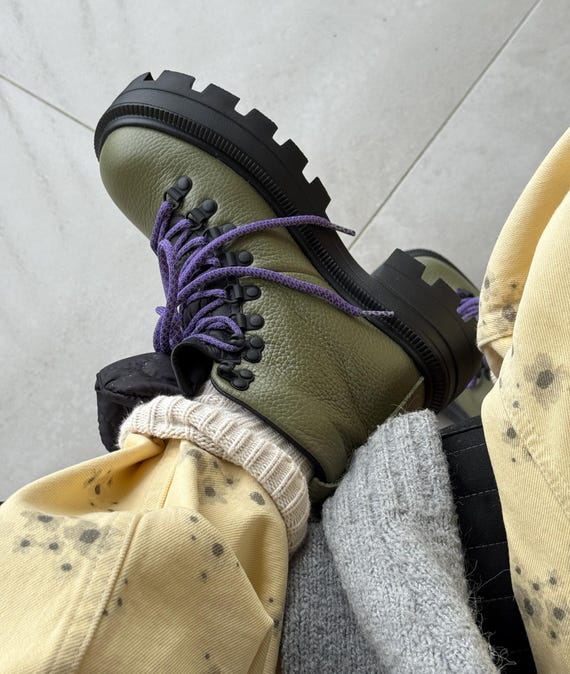 Leather Hiking Boots, Chunky Sole, Fleece Lined, Waterproof