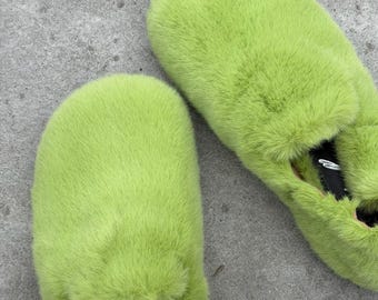Damesflats van bont, pantoffels met brede neus, warme balletschoenen