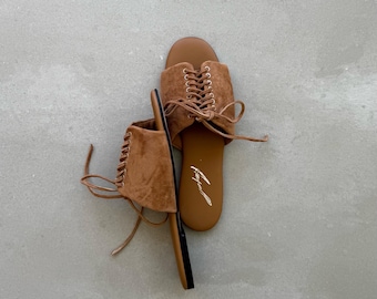 Suede lace-up slides, handmade suede shoes, comfortable summer flats