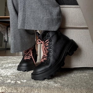 Women winter boots, grain leather boots with warm linen