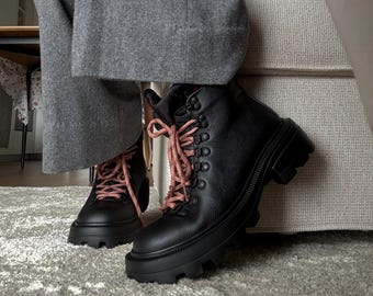 Women winter boots, grain leather boots with warm linen