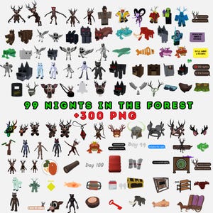 Puede incluir: Un conjunto de activos de arte digital con varias criaturas, objetos y elementos de texto. El texto incluye "99 NIGHTS IN THE FOREST +300 PNG", "Day 99" y "Day 100". La paleta de colores incluye verde, marrón, negro y rojo.
