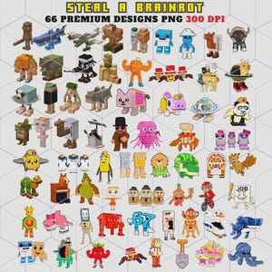 May include: A grid of 66 pixelated designs, featuring diverse creatures and objects. The designs are in various colours and styles, with the text "STEAL A BRAINROT" and "66 PREMIUM DESIGNS PNG 300 DPI" displayed at the top.
