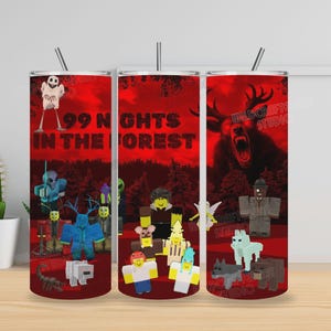 May include: Three stainless steel tumblers with a red background featuring a forest scene and the text "99 Nights in the Forest." The tumblers are decorated with various cartoon characters and a monster.