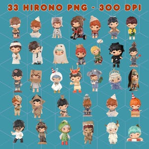 May include: A selection of 33 Hirono PNG figures, each with distinct outfits and accessories. The figures display diverse hairstyles and expressions, some wearing hats, costumes, and holding props. The background is teal blue, and the text "33 HIRONO PNG - 300 DPI" is at the top.