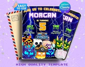 Blox Fruits-verjaardagsuitnodiging |  Canva-uitnodiging voor gamerfeest | Bewerkbare digitale sjabloon