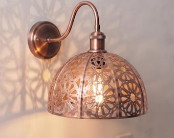 Moroccan Copper Wall Sconce, Laser Cut Filigree Dome Light, Antique Shadow Pattern