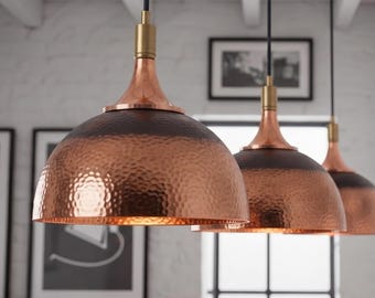 Koperen hanglamp met gehamerde trommel, verouderde koperen plafondlamp, rustiek modern keukeneilandlicht, handgemaakte koperen hanglamp