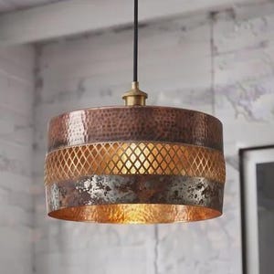 Hammered Drum Copper Pendant Light, Aged Copper Ceiling Lamp, Rustic Modern Kitchen Island Light, Handmade Copper Hanging Light