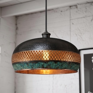 Oxidized Copper Pendant Light, Green Patina Hanging Lamp, Bohemian Ceiling Light, Rustic Moroccan Pendant, Handmade Artisan Lamp
