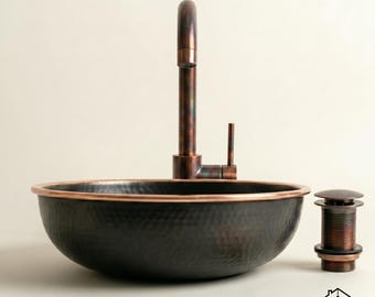 Handmade Round Copper Vessel Sink Set, Hammered Copper Bathroom Sink with Faucet and  Pop-Up Drain