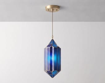Luminária pendente artesanal em vitral azul – Luminária suspensa marroquina – Luminária de teto geométrica – Lanterna moderna em latão – Iluminação para ilha de cozinha