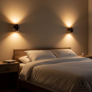 May include: Bedroom scene featuring a wooden bed frame, white bedding, and two wall-mounted cylindrical lights. The lights cast a warm glow, illuminating the bed and surrounding area. A nightstand with a book and a cup of coffee is visible.