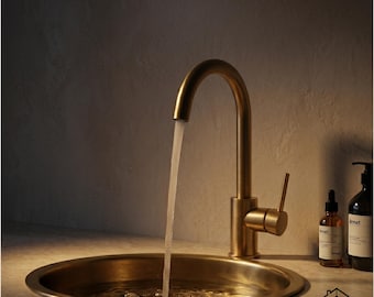 Brushed Brass Kitchen Faucet, Modern Single Handle Sink Faucet, Minimalist Gold Bathroom Tap, Luxury Solid Brass Mixer.