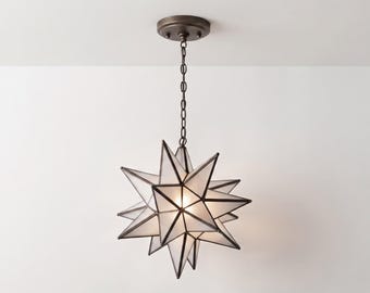 Moravian Star Pendant Light: Frosted Milk Glass, Handmade Iron Frame Chandelier