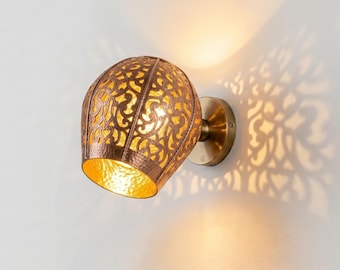Moroccan Filigree Wall Sconce Brass Lace Pattern Light Arabesque Wall Lamp Handcrafted Shadow Effect Bohemian Fixture