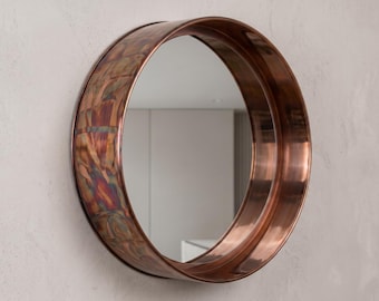 Round Copper Mirror: Handmade Fire-Patina Deep Framed Rustic Modern Wall Decor