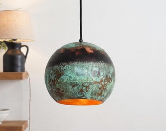 Grön patina lantlig belysning, oxiderad kopparkupolpendellampa, marockanska lampskärmar