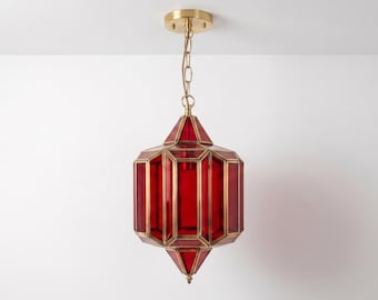 Ruby Red Glass Lantern Pendant Light | Moroccan Brass Hanging Lamp, Faceted Ceiling Fixture