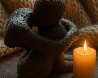 A modern abstract sculpture features a textured faceless figure sitting in a thoughtful, curled pose.