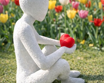 Minimalist Heart Sculpture – Textured 3D Printed Figurine Holding Red Heart