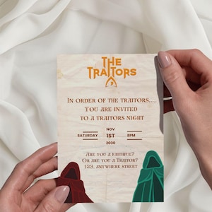 May include: A vintage-style invitation card with the text "The Traitors" in orange. The card reads "You are invited to a Traitors Night" with date and time details. Includes red and green hooded figures.