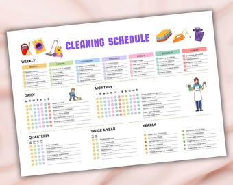 May include: A white paper cleaning schedule chart featuring purple text and colorful icons. It includes sections for weekly, daily, monthly, quarterly, twice a year, and yearly tasks with checkboxes and illustrations of cleaning supplies and a person.