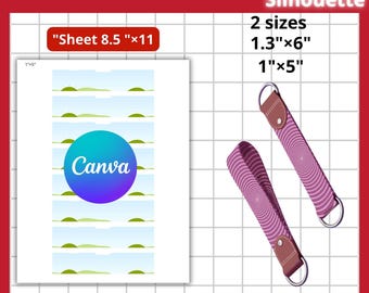 May include: Hand sanitizer template with the text "Hand Sanitizer Template" and "Cricut Silhouette". The design includes a sheet with a Canva logo and two purple wrist straps. The sheet size is 8.5" x 11", and the straps are 1.3" x 6" and 1" x 5".