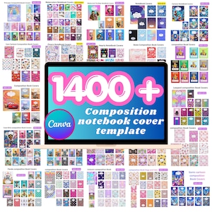 May include: A digital display showing a collection of over 1400 composition notebook cover templates. The screen features the text 1400+ Composition notebook cover template with a Canva logo. The surrounding area displays various colorful designs.