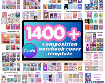 May include: A digital display showing a collection of over 1400 composition notebook cover templates. The screen features the text 1400+ Composition notebook cover template with a Canva logo. The surrounding area displays various colorful designs.